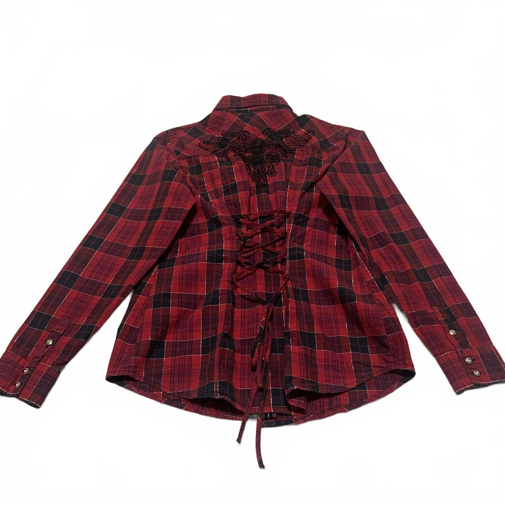 Harley Davidson Red Plaid Flannel Shirt Corset Back L