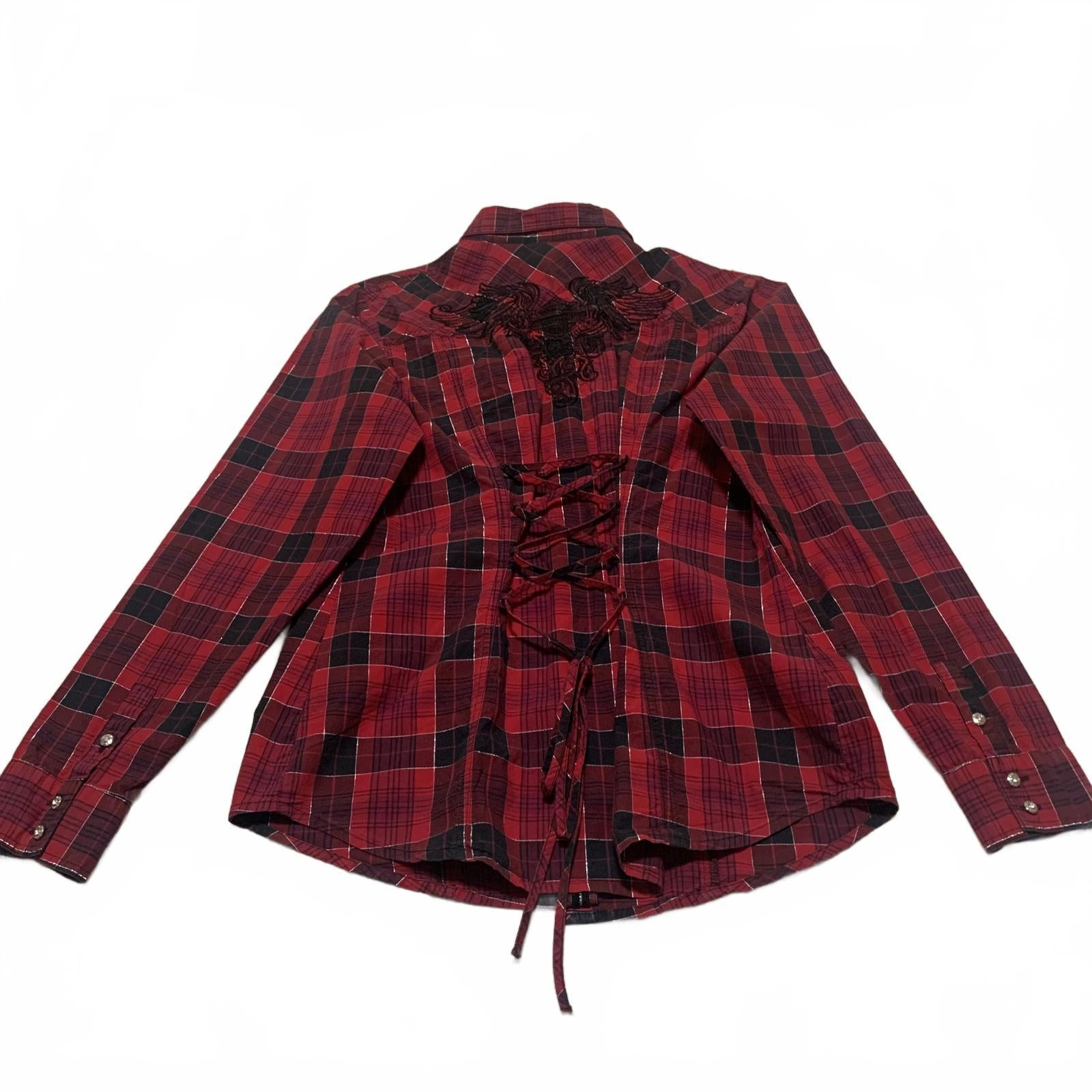 Harley Davidson Red Plaid Flannel Shirt Corset Back L