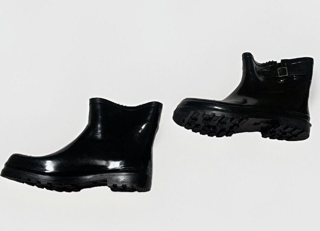 DEW Rubber Sole Rain Women's Boots Sz 11 Shiny Black Ankle Height Buckle Pull-on