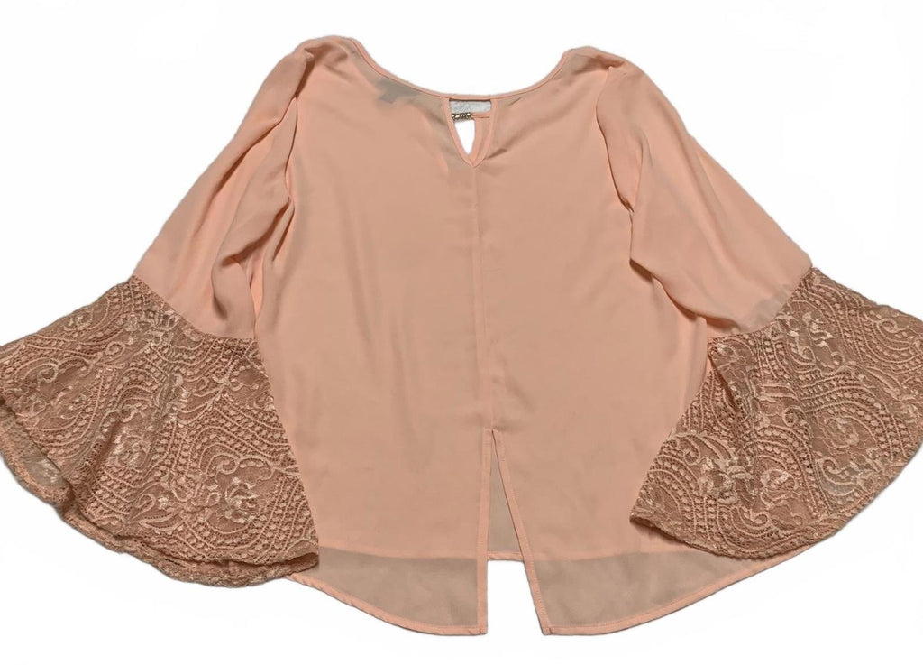 Blusa Thalia Sodi Forever 21 para mujer, talla grande, color melocotón, con mangas de encaje acampanadas