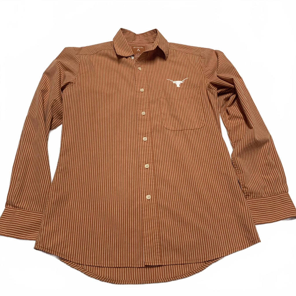 Camisa a rayas naranja con botones, talla pequeña, para hombre de la Universidad de Antigua de Texas