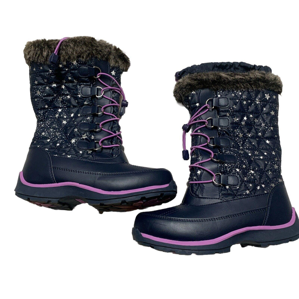 Botas de invierno para lluvia y nieve Lands End para niñas, talla 4M, color azul marino y morado con ribete de encaje y estrellas