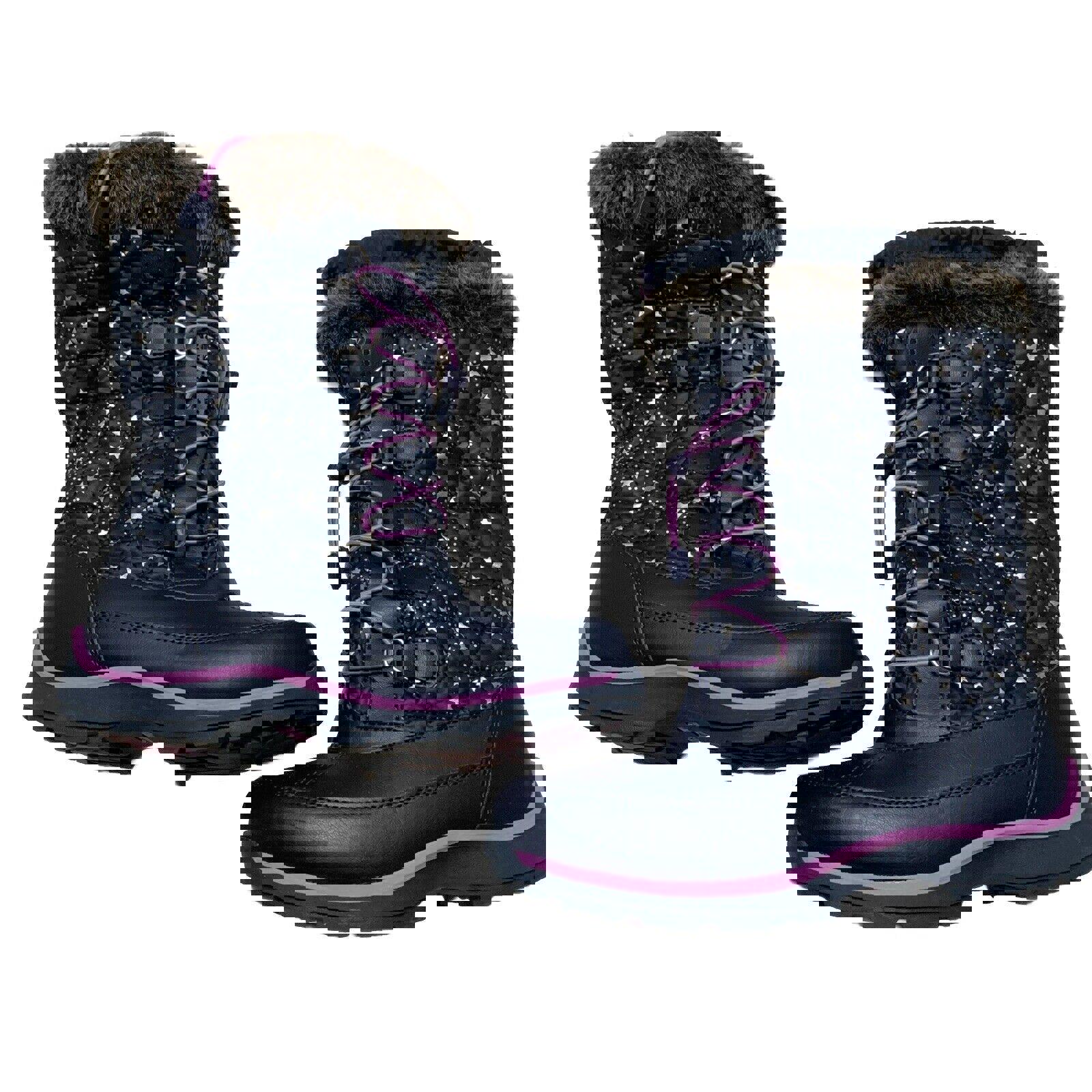 Botas de invierno para lluvia y nieve Lands End para niñas, talla 4M, color azul marino y morado con ribete de encaje y estrellas