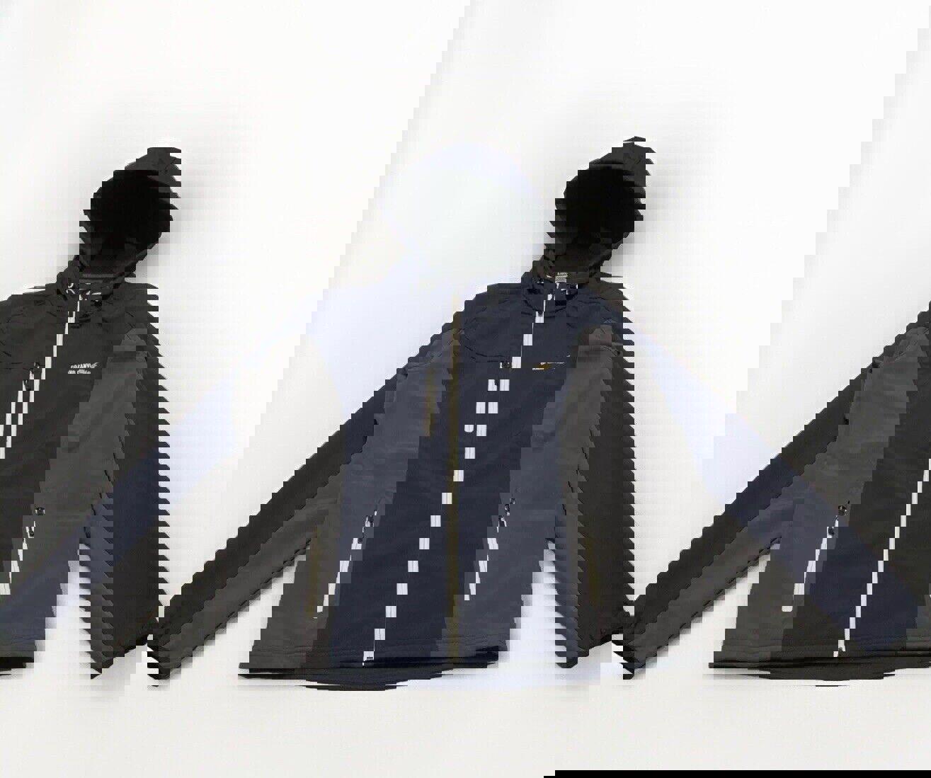 Chaqueta de golf Landway para hombre, con capucha, forro polar, cierre completo y caparazón blando, color azul marino/gris, talla mediana