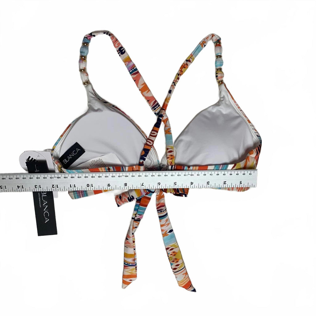Top de bikini triangular con tirantes de cuentas y estampado colorido LA Blanca para mujer, talla 10