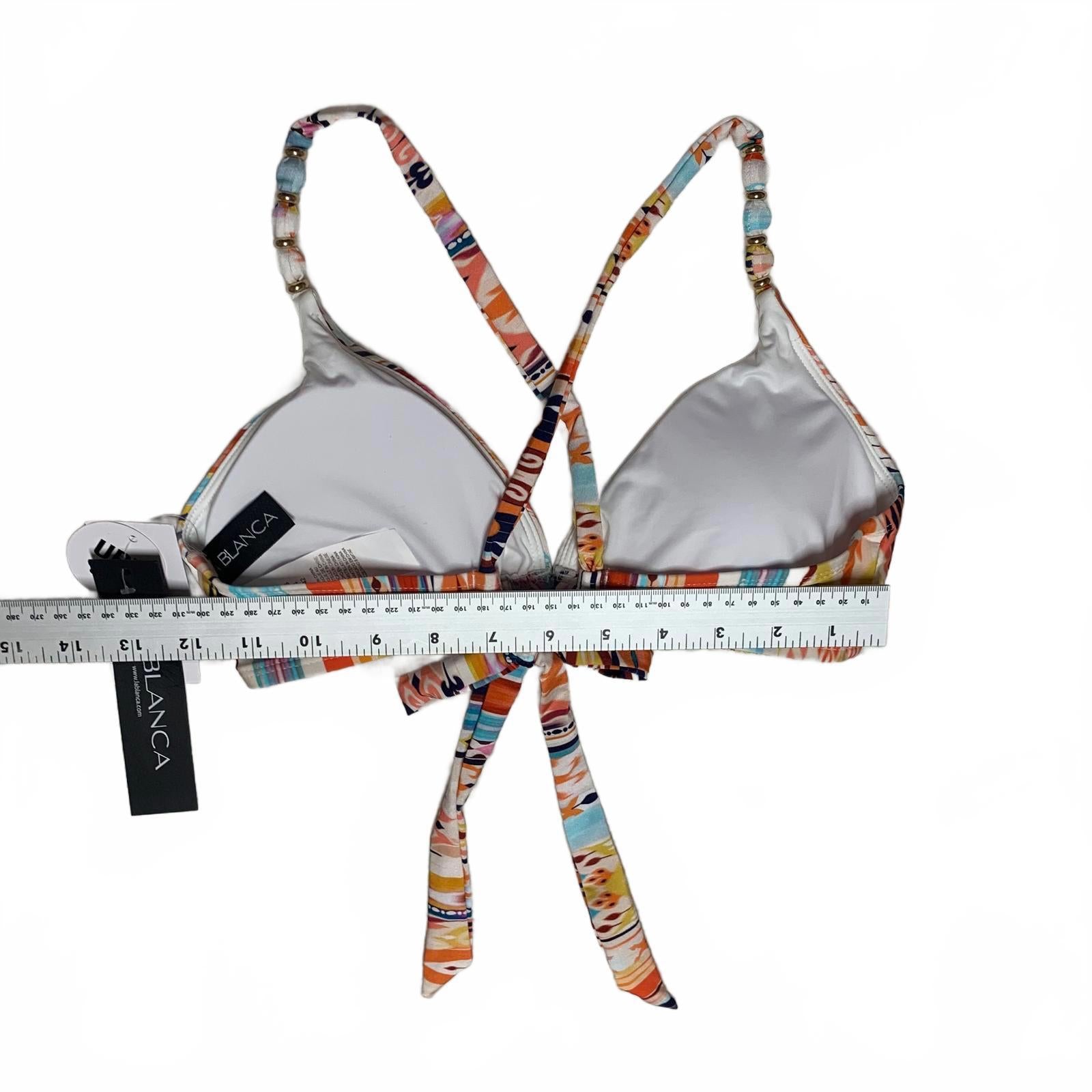 Top de bikini triangular con tirantes de cuentas y estampado colorido LA Blanca para mujer, talla 10