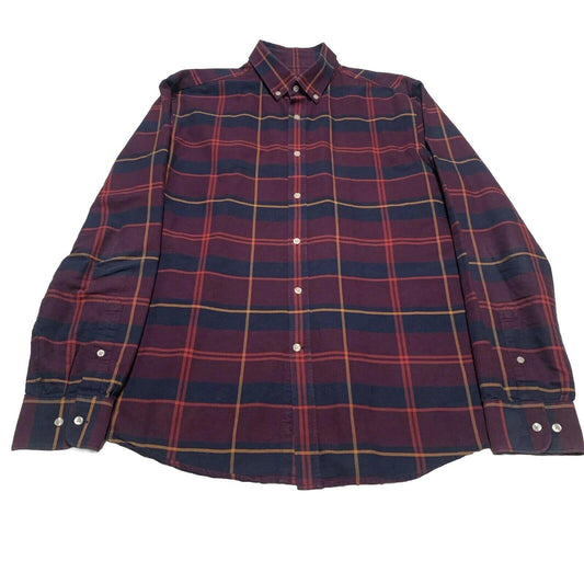 H&M Mens Large 16 1/2” Navy Burgundy Long Sleeve Button Shirt Premium Cotton