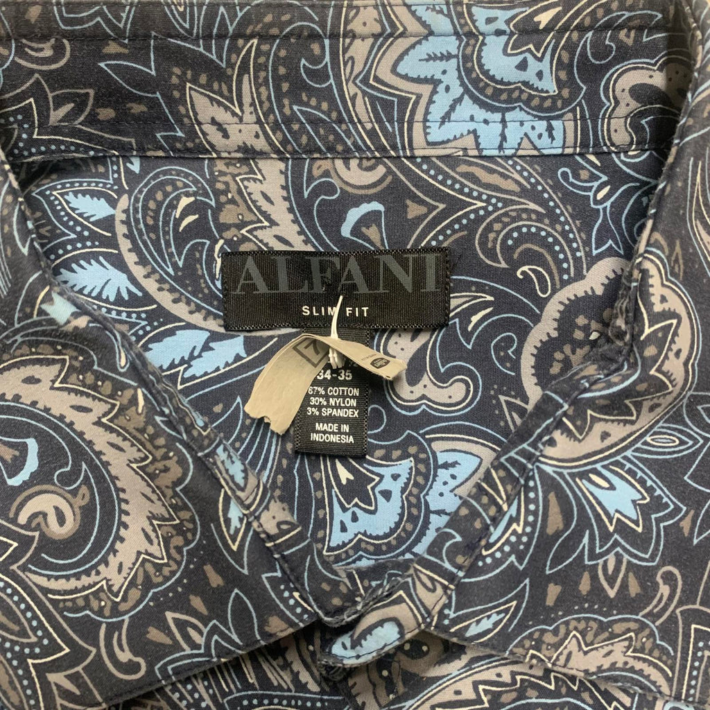 Camisa Alfani de manga larga con botones y estampado paisley azul para hombre, talla XL (17,5)