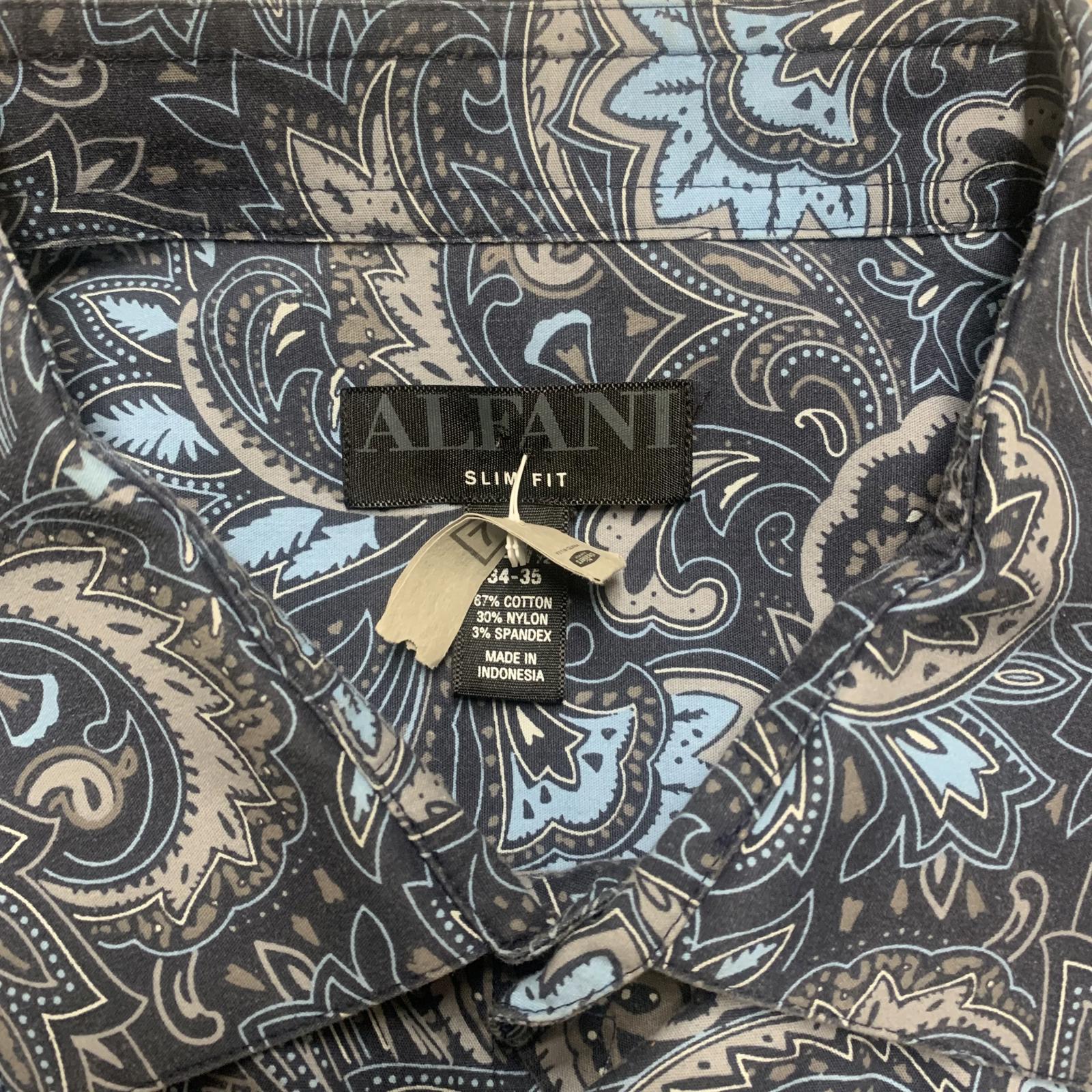 Camisa Alfani de manga larga con botones y estampado paisley azul para hombre, talla XL (17,5)