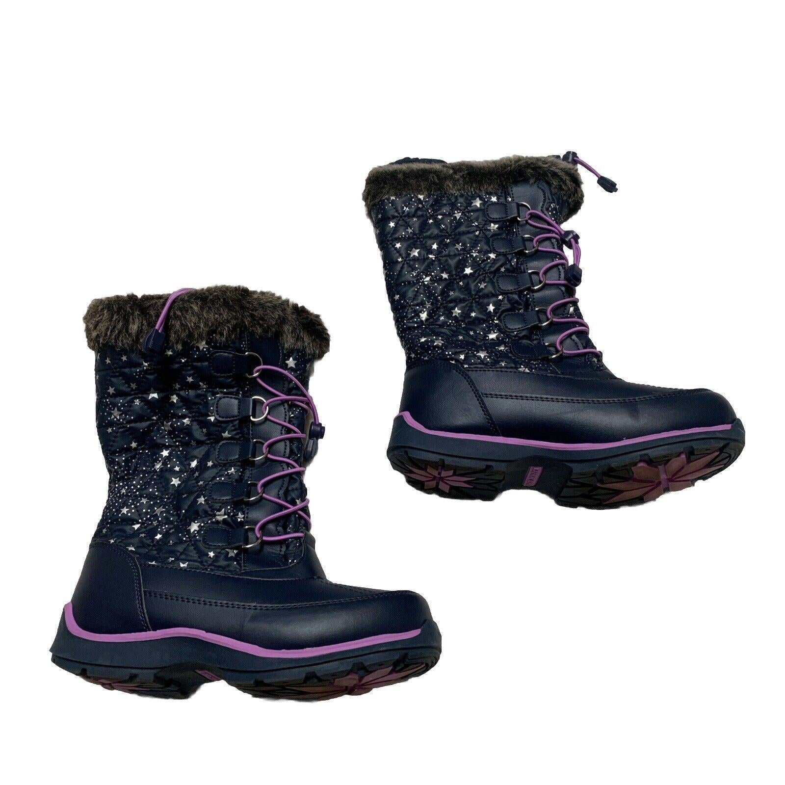 Botas de invierno para lluvia y nieve Lands End para niñas, talla 4M, color azul marino y morado con ribete de encaje y estrellas