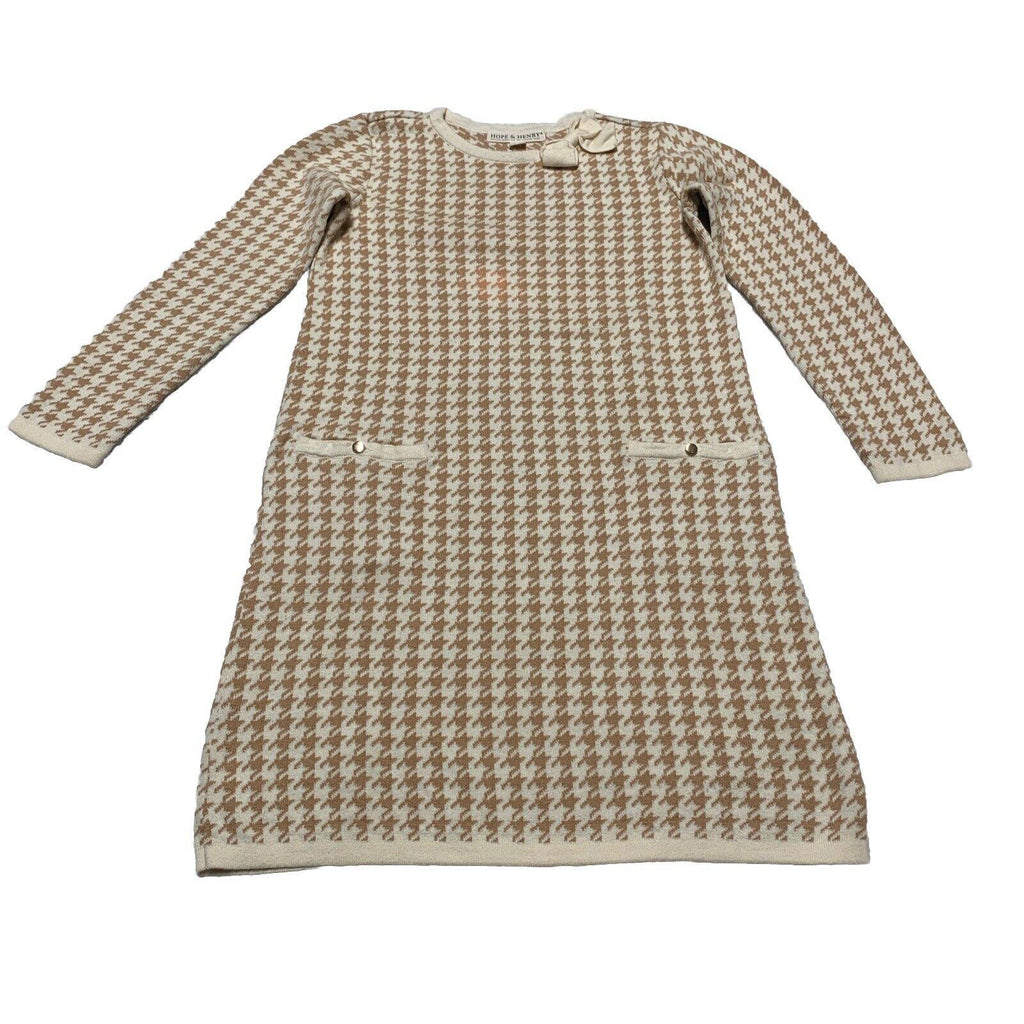 Vestido tubo Hope &amp; Henry para niñas, talla 10, color beige marfil con pata de gallo y lazo hasta la rodilla