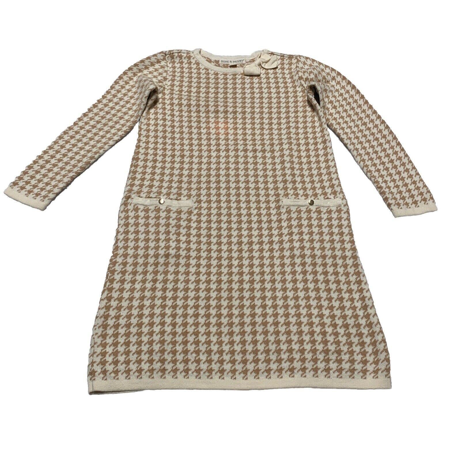 Vestido tubo Hope &amp; Henry para niñas, talla 10, color beige marfil con pata de gallo y lazo hasta la rodilla