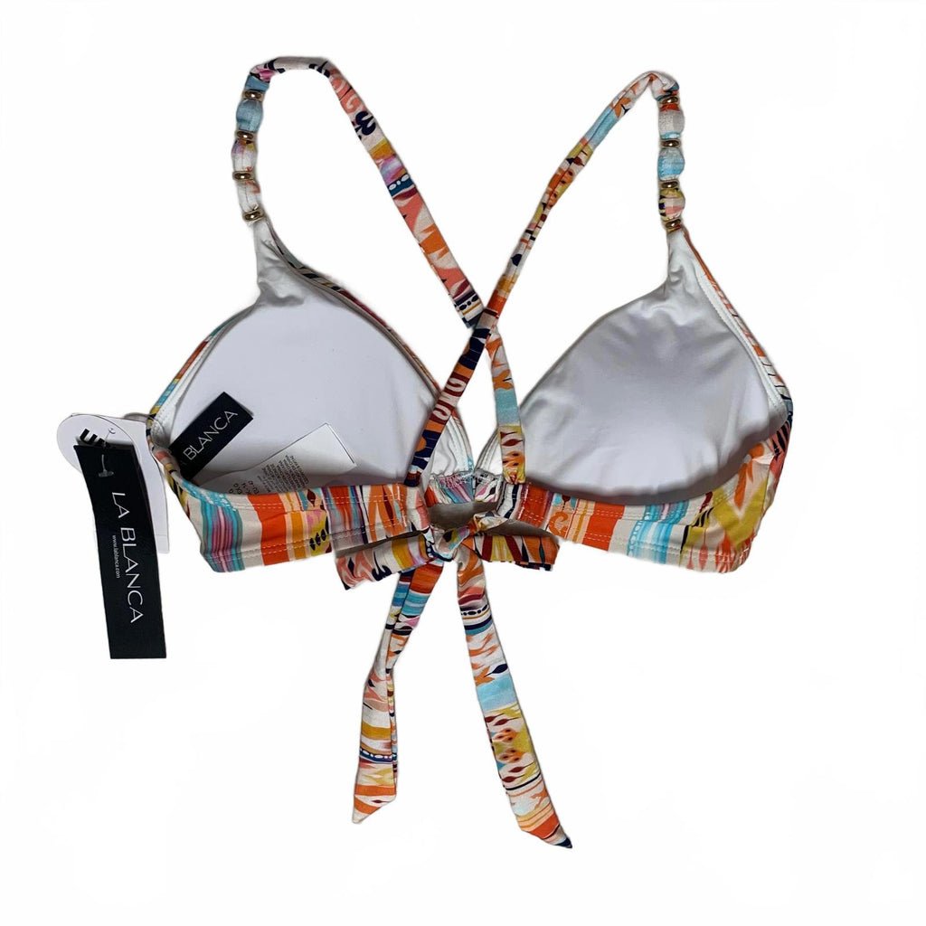 Top de bikini triangular con tirantes de cuentas y estampado colorido LA Blanca para mujer, talla 10