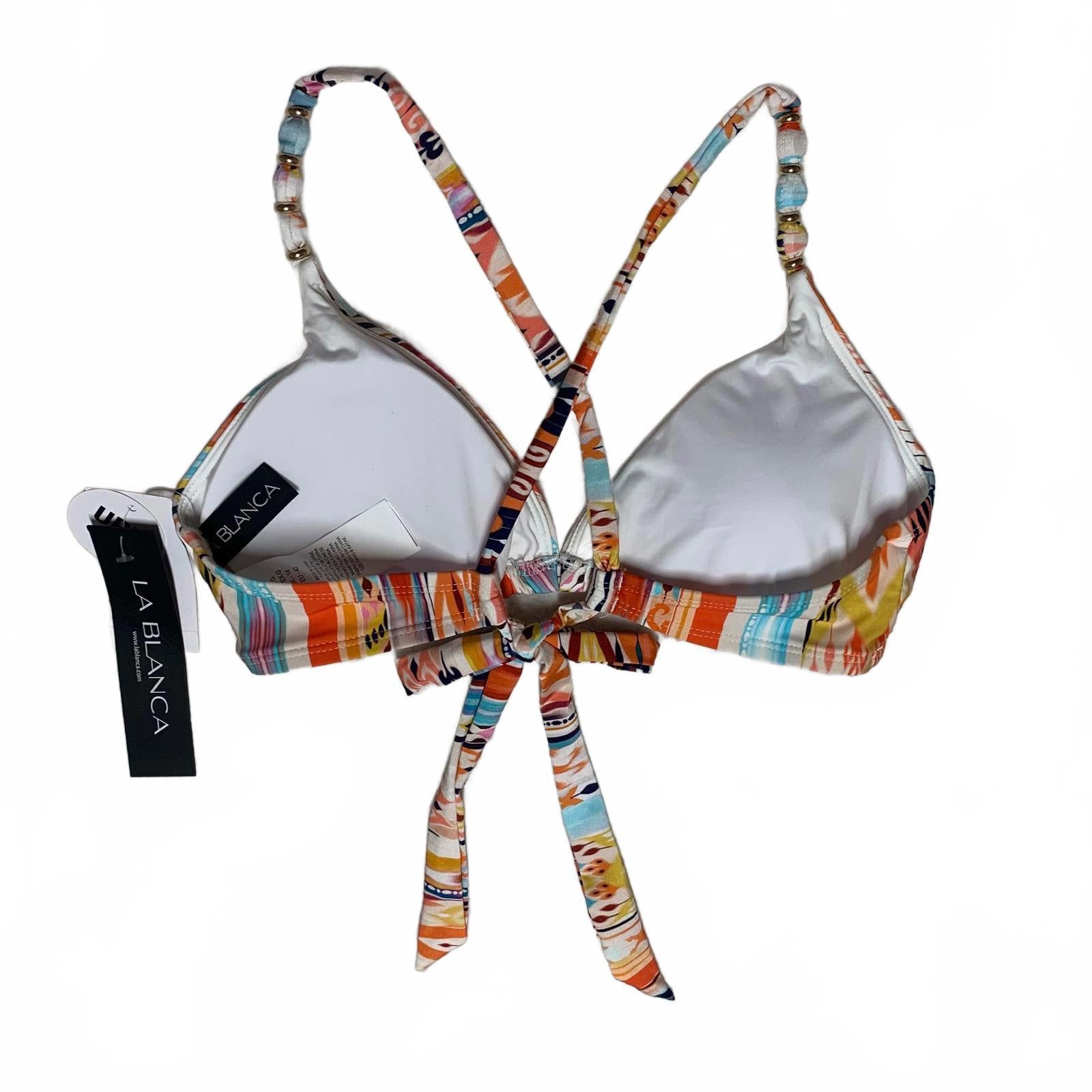 Top de bikini triangular con tirantes de cuentas y estampado colorido LA Blanca para mujer, talla 10