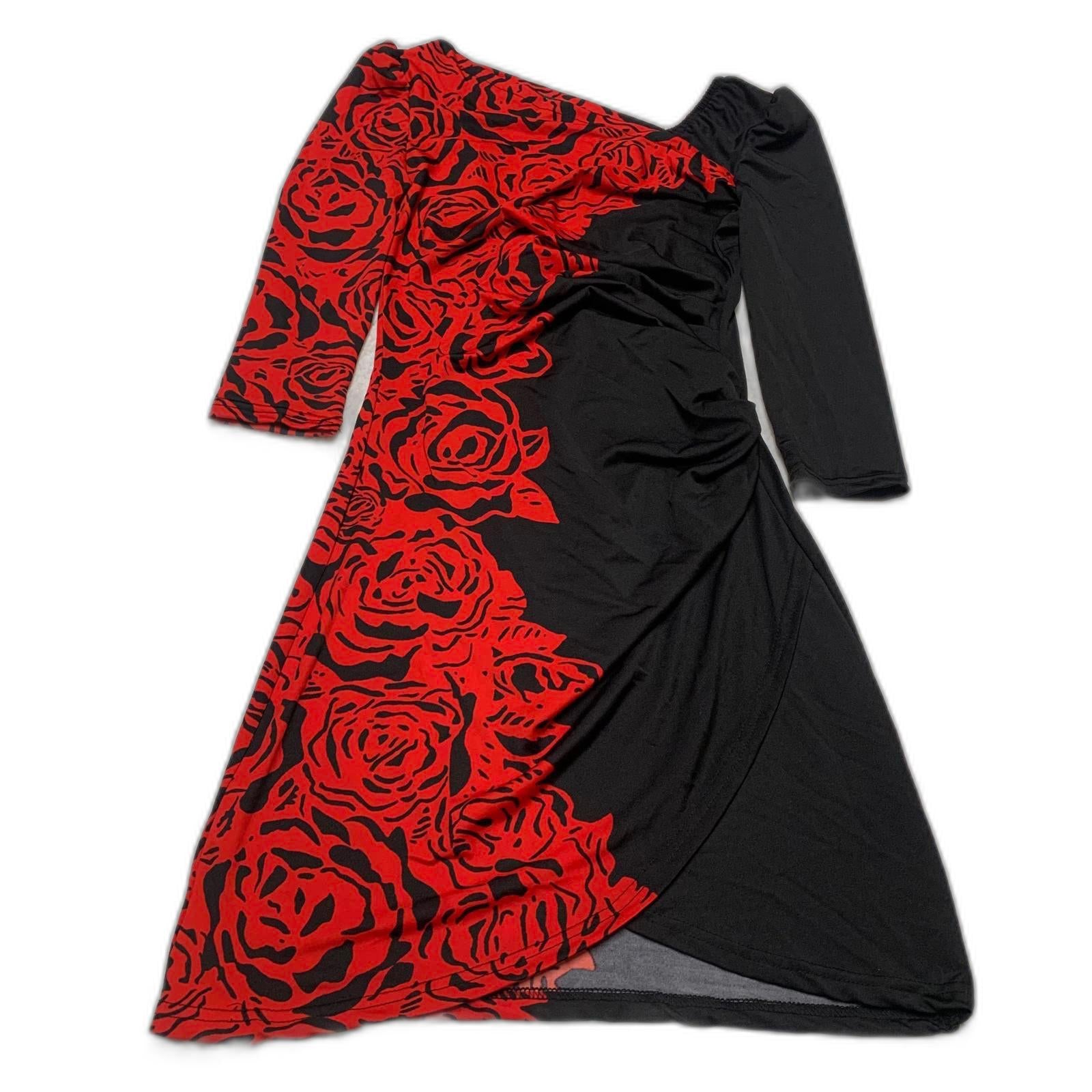 Vestido con estampado de rosas rojas y negras, talla pequeña, estilo perfecto de Shez para mujer