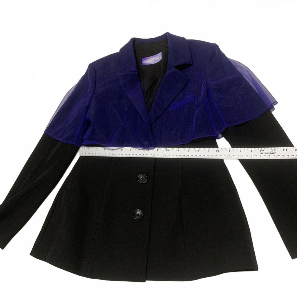 Blazer negro Fengyi Tan para mujer, talla mediana, con superposición azul transparente