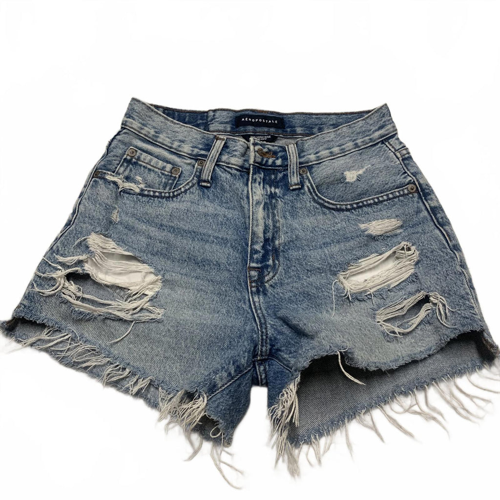Pantalones cortos vaqueros desgastados de cintura alta de Aeropostale para mujer, talla 4, de mezclilla azul rotos