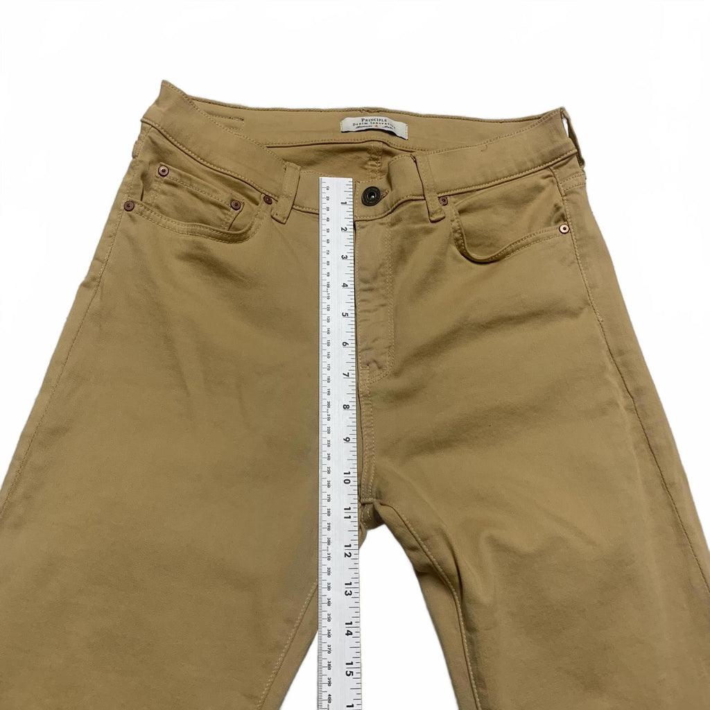 Pantalones de mezclilla Principle Innovators, talla 29, amarillos, con dobladillo deshilachado, ancho 30 x 27 L, EE. UU.