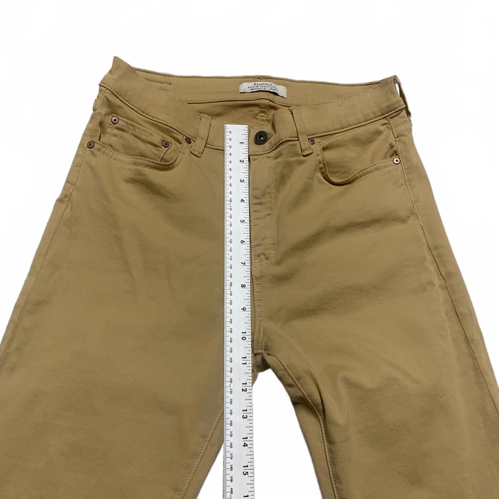 Pantalones de mezclilla Principle Innovators, talla 29, amarillos, con dobladillo deshilachado, ancho 30 x 27 L, EE. UU.