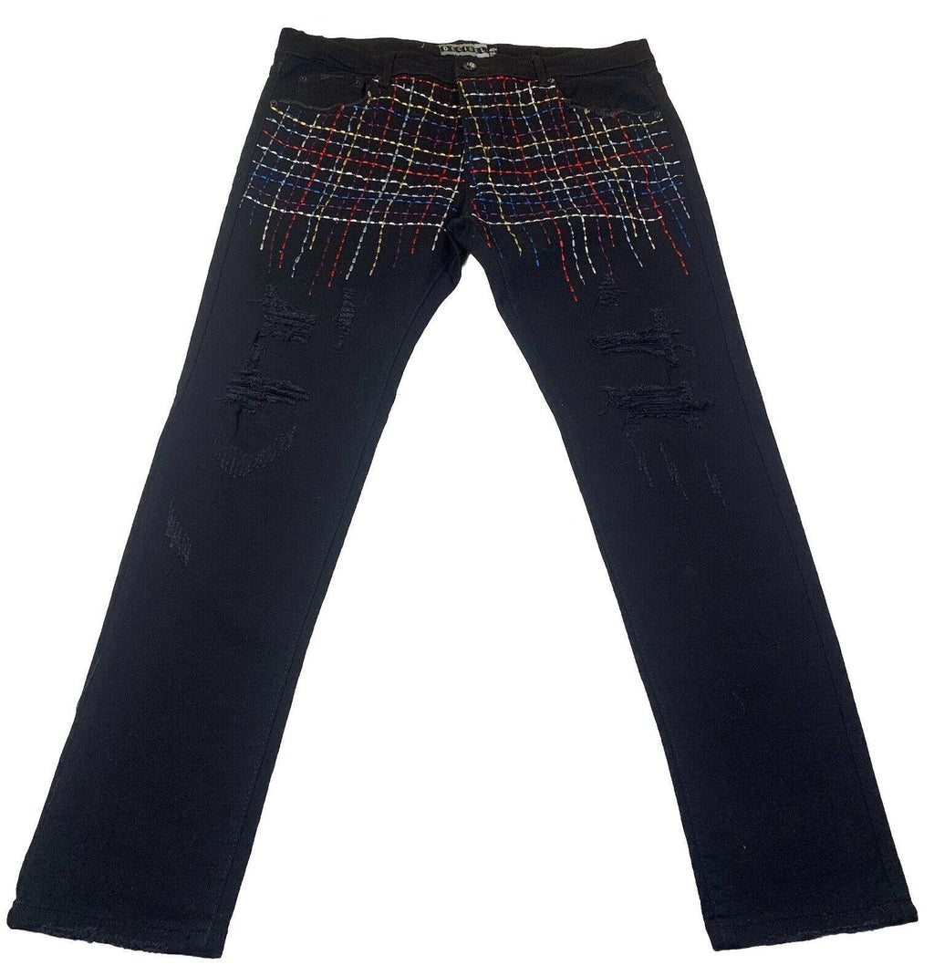 Vaqueros negros Decibel para hombre, 40 x 34, bordados al frente y deshilachados