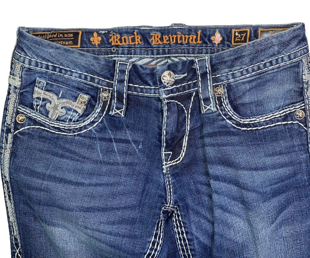 Vaqueros Rock Revival para mujer, talla 27, con bolsillo vaquero y puntadas llamativas