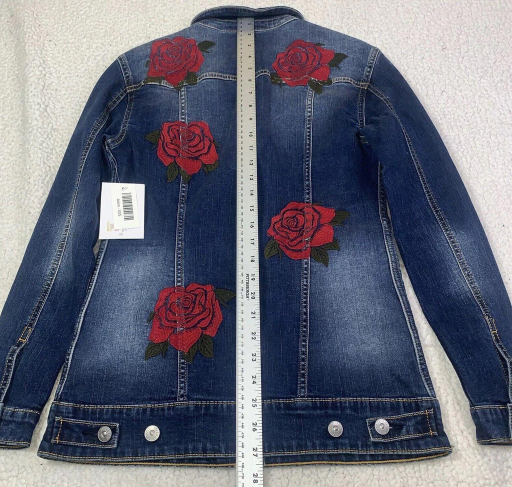 Chaqueta vaquera Lularoe Jaxon con rosa roja talla XXS y bordado pequeño