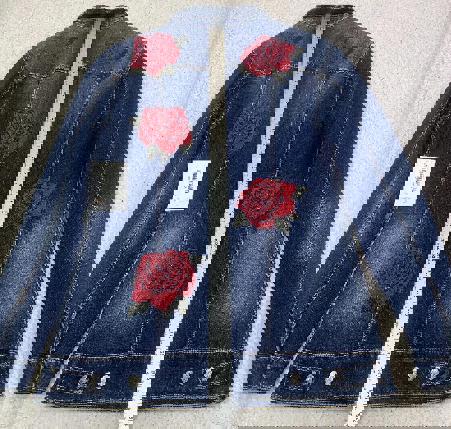 Chaqueta vaquera Lularoe Jaxon con rosa roja talla XXS y bordado pequeño