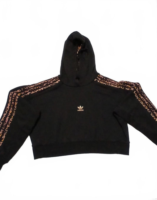 Adidas Womens Sz Small Black Cropped Hoodie Leopard Print Sweater
