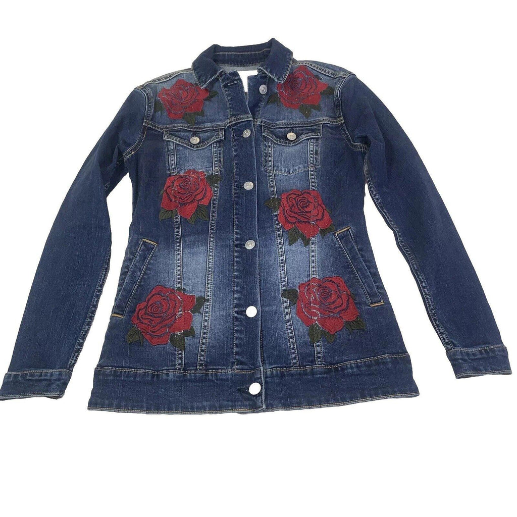 Chaqueta vaquera Lularoe Jaxon con rosa roja talla XXS y bordado pequeño