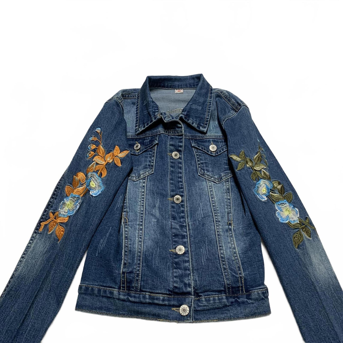 Stylish Denim Jacket with Floral Embroidery Women's Size Medium Dark Denim
