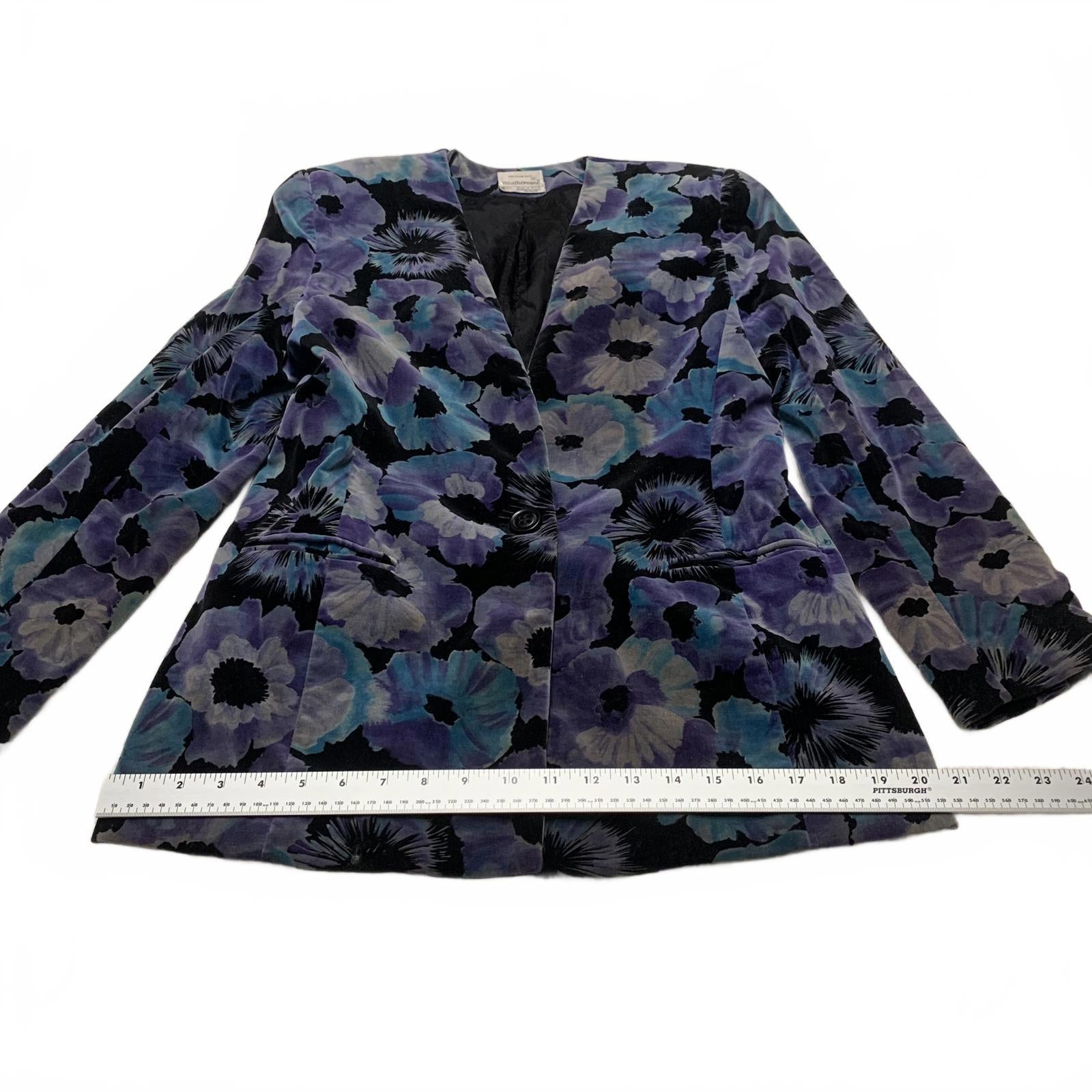 Blazer vintage Weathervane de los años 80 para mujer, talla 8, estampado floral, morado y verde azulado
