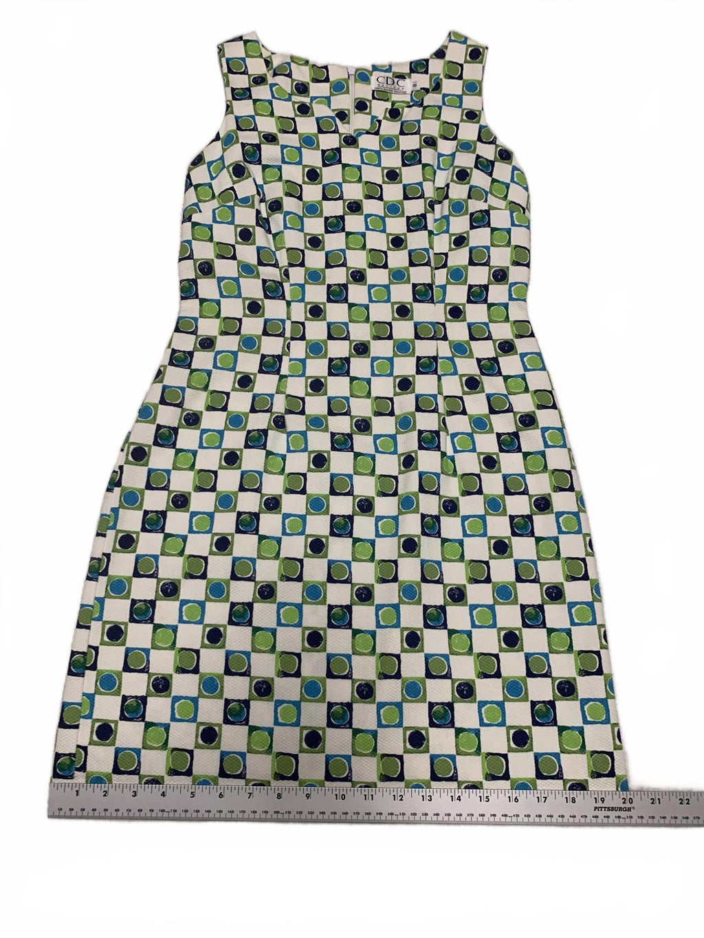 Vestido CDC Petites geométrico sin mangas, corte A, talla 8P, verano - Hecho en EE. UU.