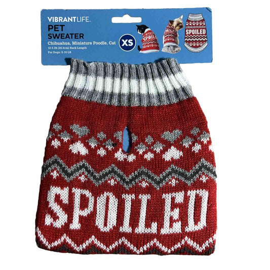 Vibrant Life Pet Sweater Dog Cat Clothes "Spoiled"  Red Sweater, Size XS/New