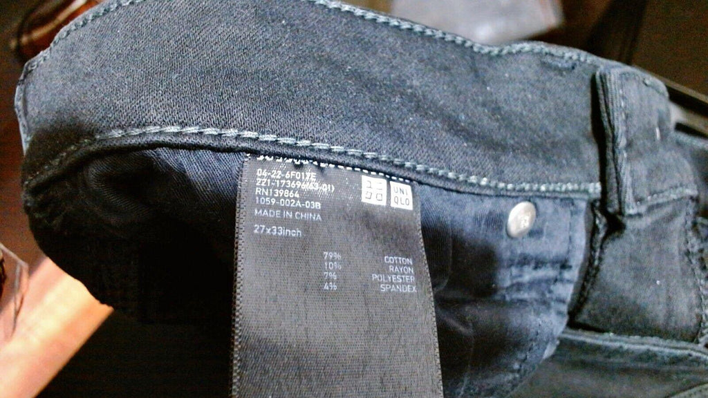 Vaqueros ajustados negros de tiro medio de mezcla de algodón y mezclilla de Uniqlo para hombre, talla 27 x 26,75