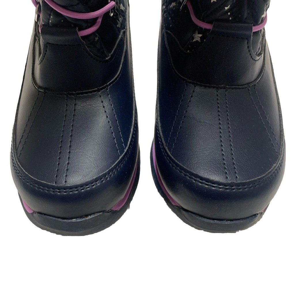 Botas de invierno para lluvia y nieve Lands End para niñas, talla 4M, color azul marino y morado con ribete de encaje y estrellas