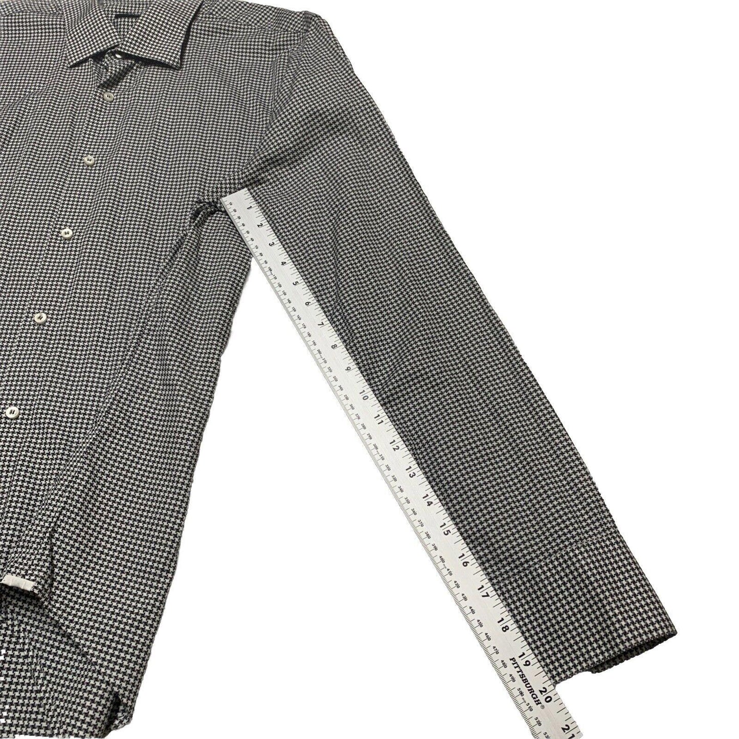 Saks Fifth Avenue Men Shirt 16 1/2 Gray Houndstooth Print Long Sleeve Button Up
