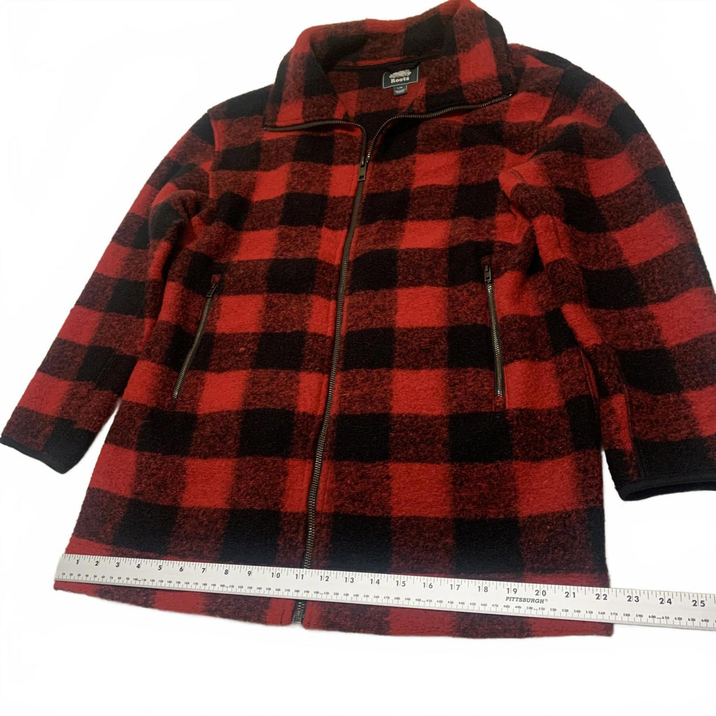 Chaqueta de forro polar con cremallera a cuadros rojos y negros Roots para hombre, talla L, estilo cálido y clásico