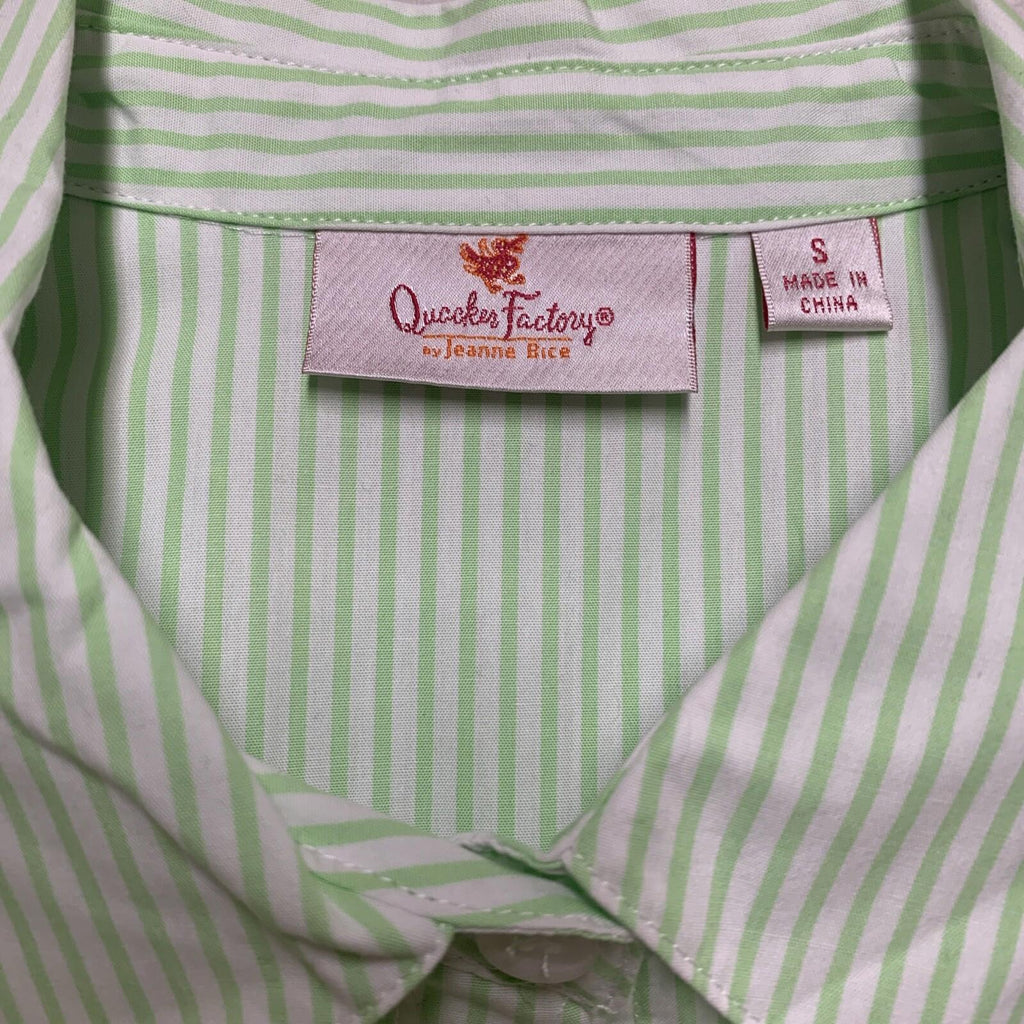 Camisa de botones a rayas verdes con bordado floral para mujer, talla S de Quacker Factory