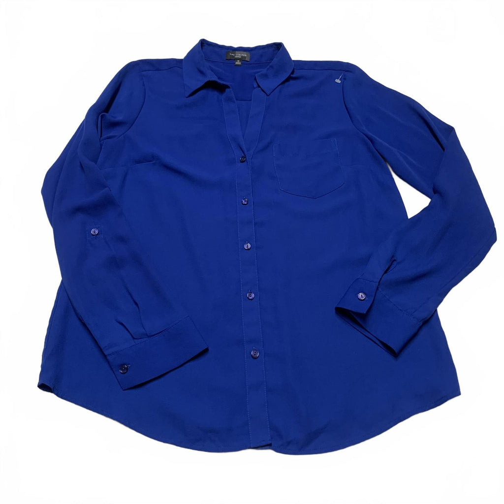 Blusa de manga larga abotonada azul rey mediano para mujer, talla limitada