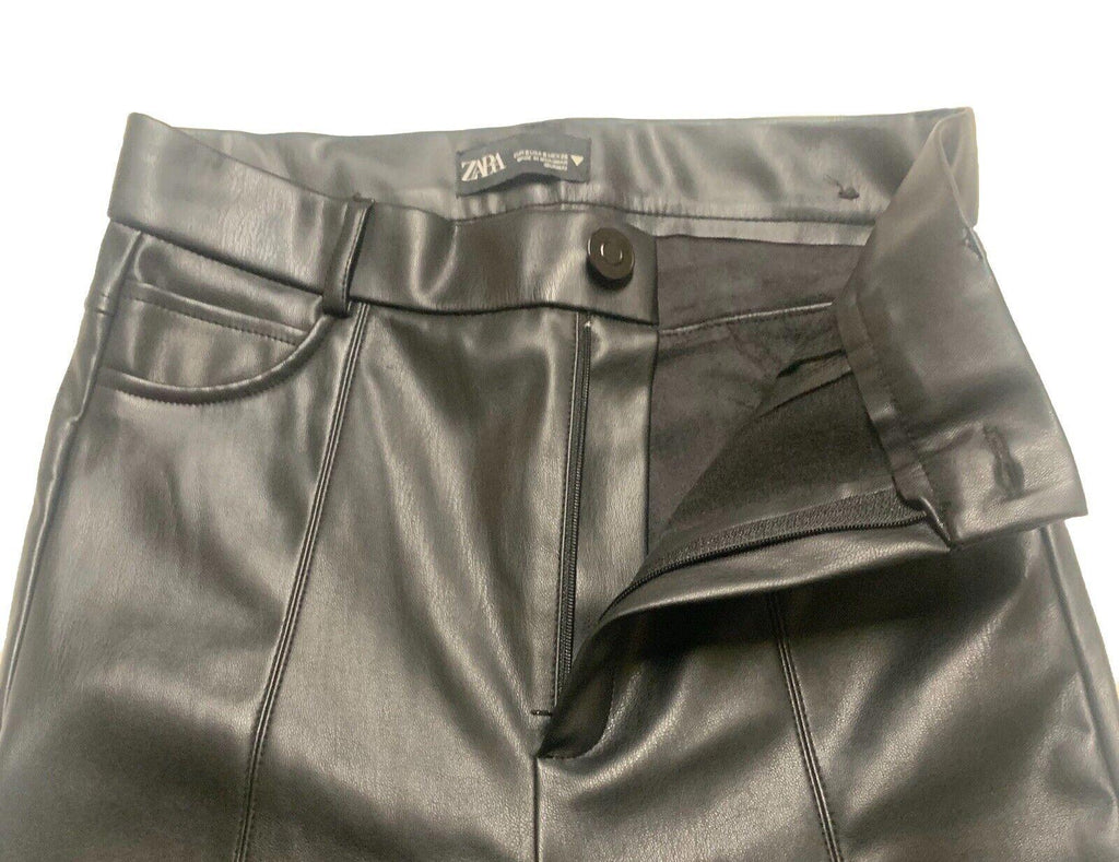 Pantalones Zara para mujer, talla pequeña, negros, de poliéster y piel sintética, hasta el tobillo