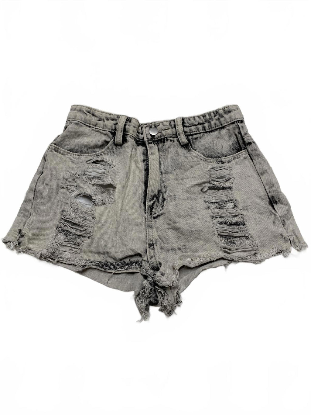 LE LIS Pantalones cortos vaqueros desgastados grises talla pequeña W25 de tiro medio con dobladillo deshilachado