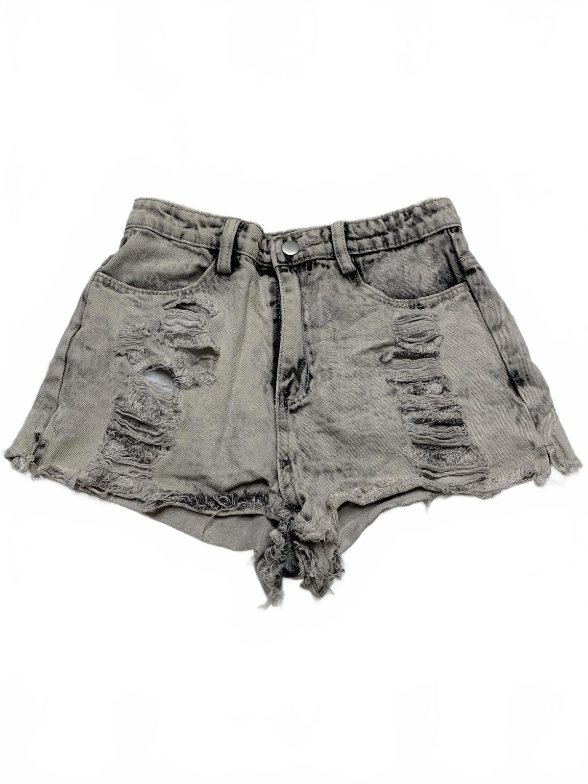 LE LIS Pantalones cortos vaqueros desgastados grises talla pequeña W25 de tiro medio con dobladillo deshilachado