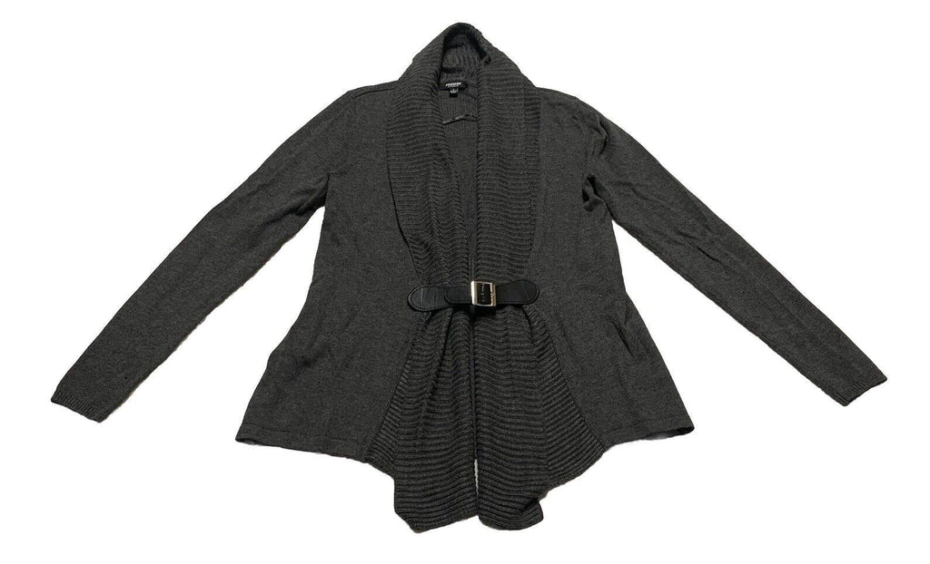 Suéter Premise Studio de punto suave gris pequeño con hebilla frontal abierta en cascada para mujer