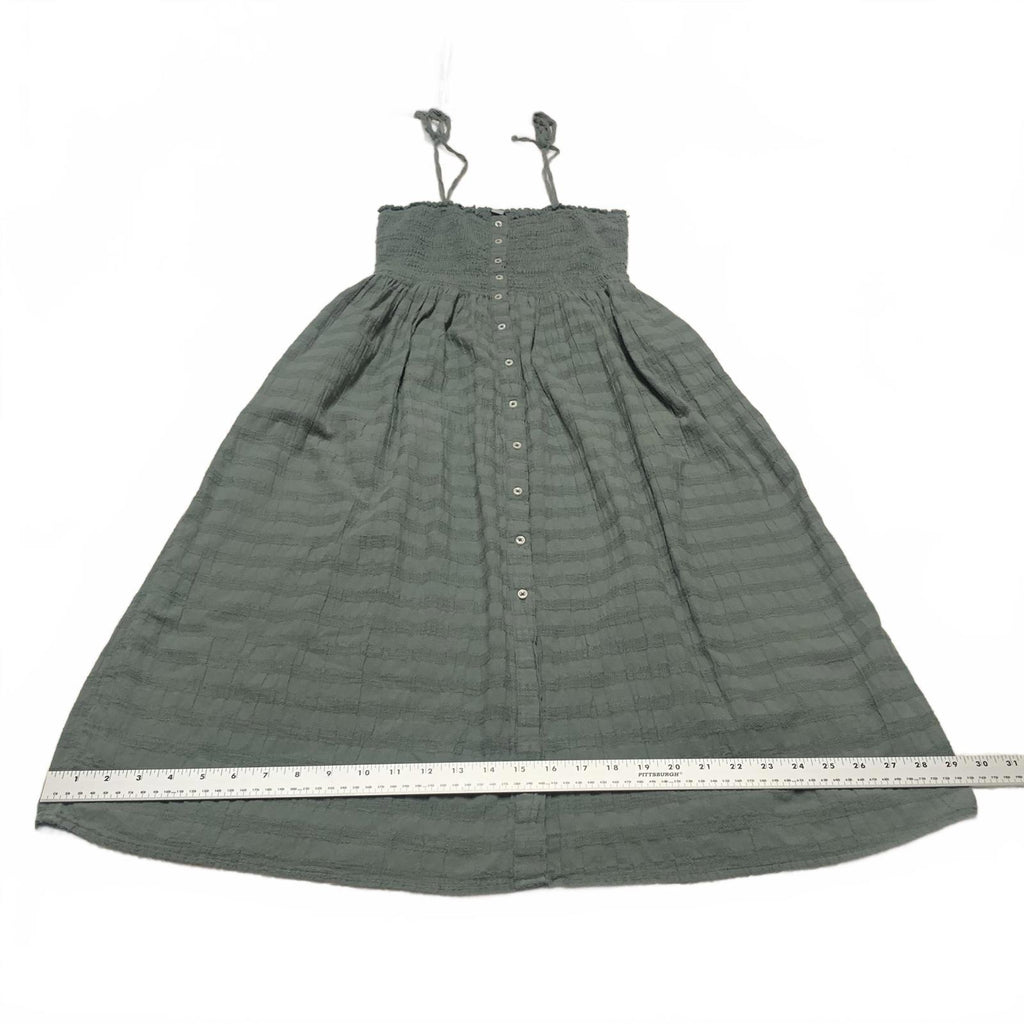 Vestido midi verde fruncido Aerie para mujer, talla XS, con botones en el exterior y tirantes sin mangas