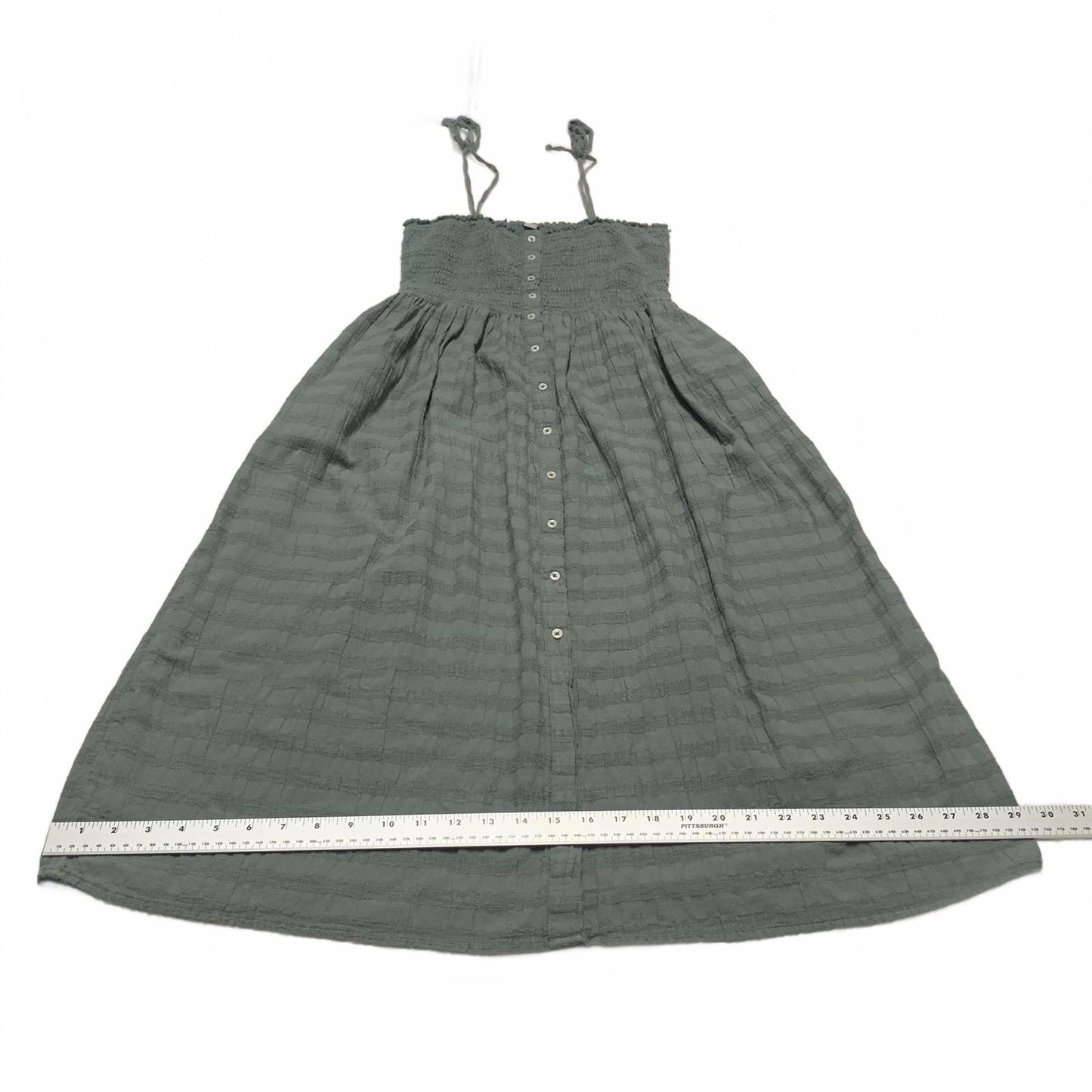 Aerie Smocked Womens Sz XS Green Midi Dress Button outside Tie Straps Sleeveless