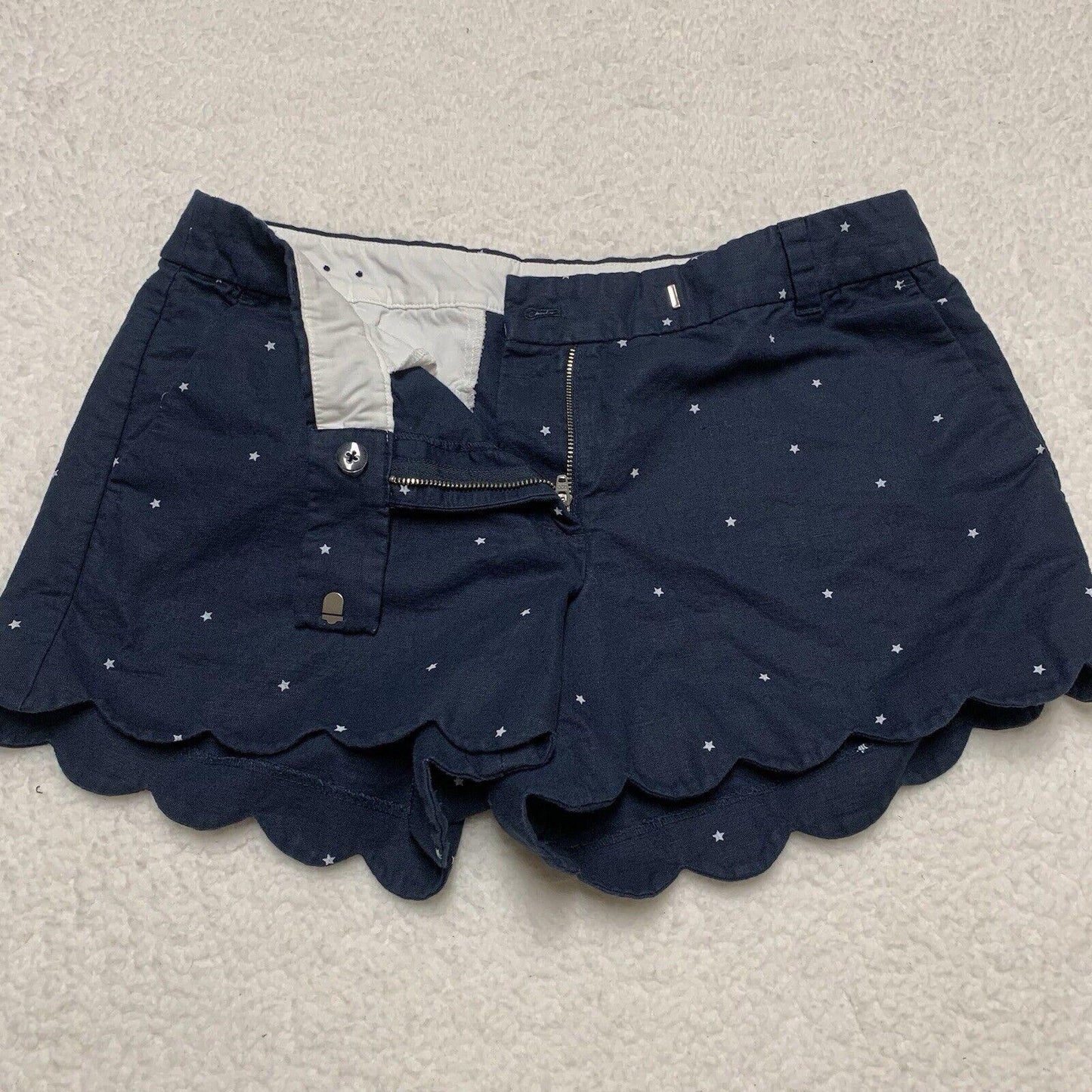 J Crew Scalloped Hem Linen Cotton Shorts Size 10 Navy Blue White Star Print