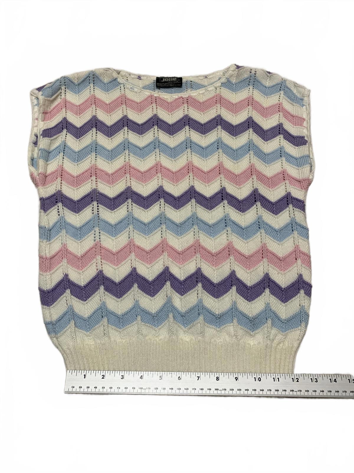 Chaleco de suéter vintage Jolie New York de los años 80 para mujer, con estampado de chevron en tonos pastel