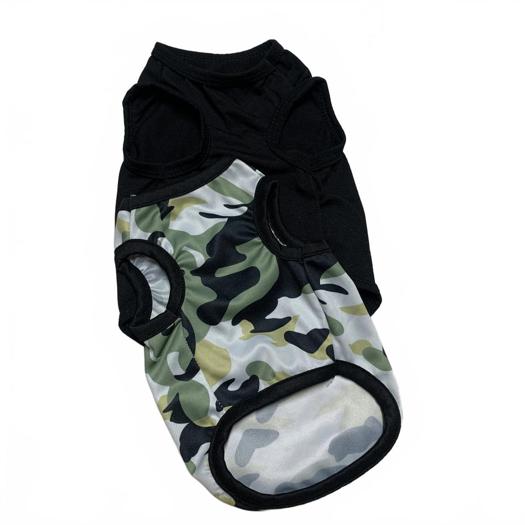 Paquete de dos camisetas para perros pequeñas, negras, de seguridad y camuflaje