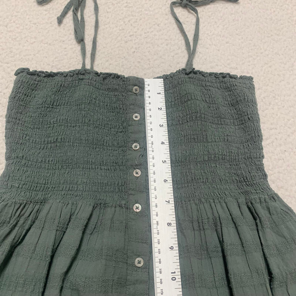 Vestido midi verde fruncido Aerie para mujer, talla XS, con botones en el exterior y tirantes sin mangas