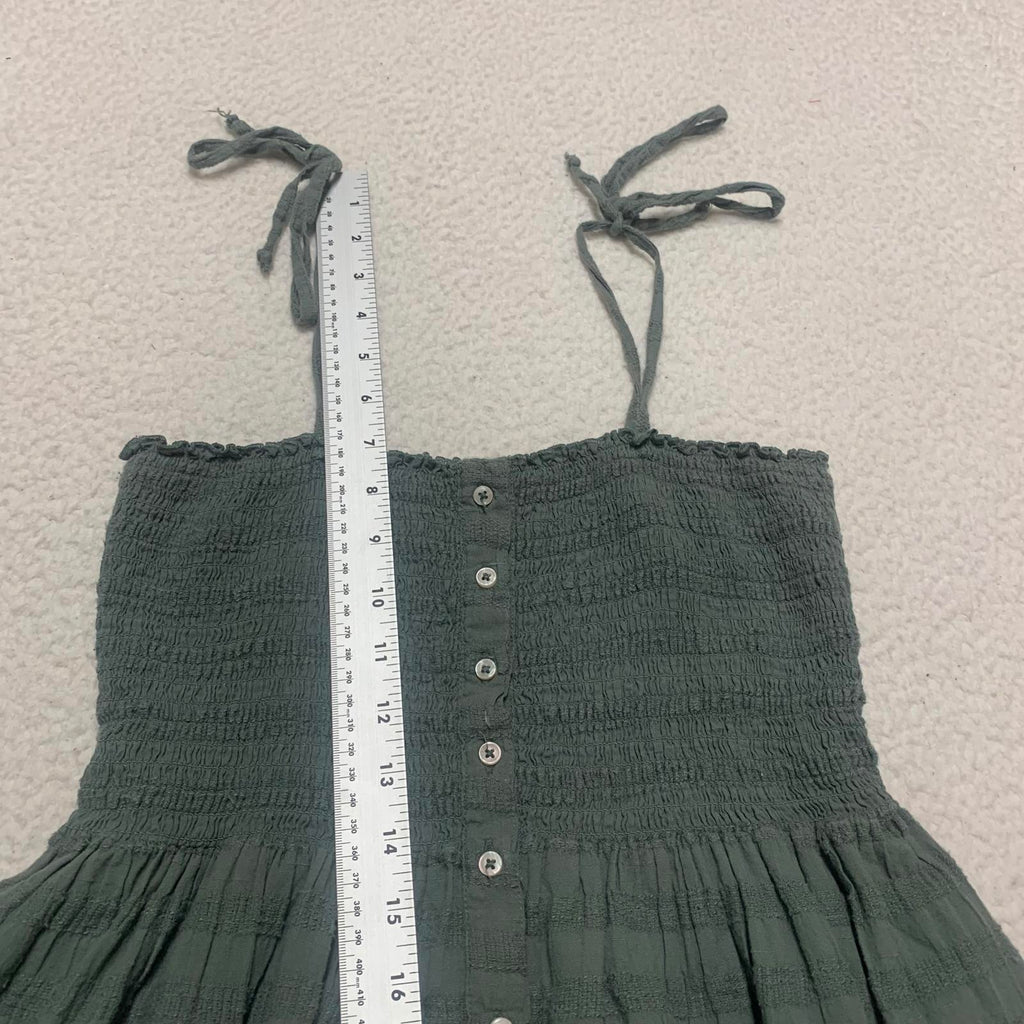 Vestido midi verde fruncido Aerie para mujer, talla XS, con botones en el exterior y tirantes sin mangas